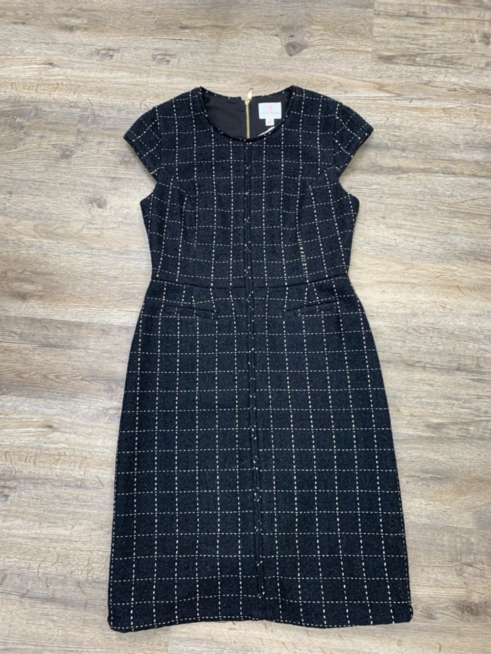 JB by Julie Brown Black Windowpane Cap-Sleeve Sheath Dress